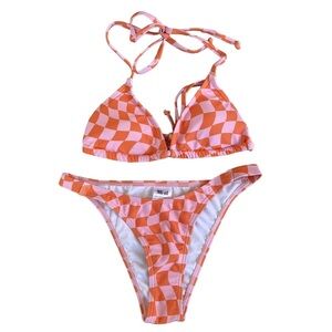 Mi-el Orange Pink Checker Bikini Set Triangle Top Small Swimwear